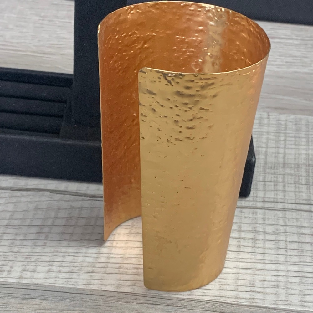 Hammered Gold Tone Wide Tapered Cuff Bracelet Statement Bangle 4.5 Inch Length
